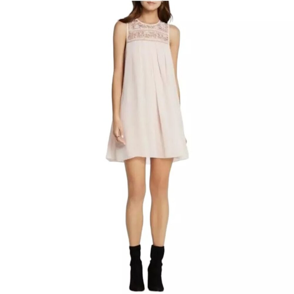 BCBG GENERATION Tunic Mini Dress, Light Pink Sleeveless Lace Pleated Flowy, XXS
